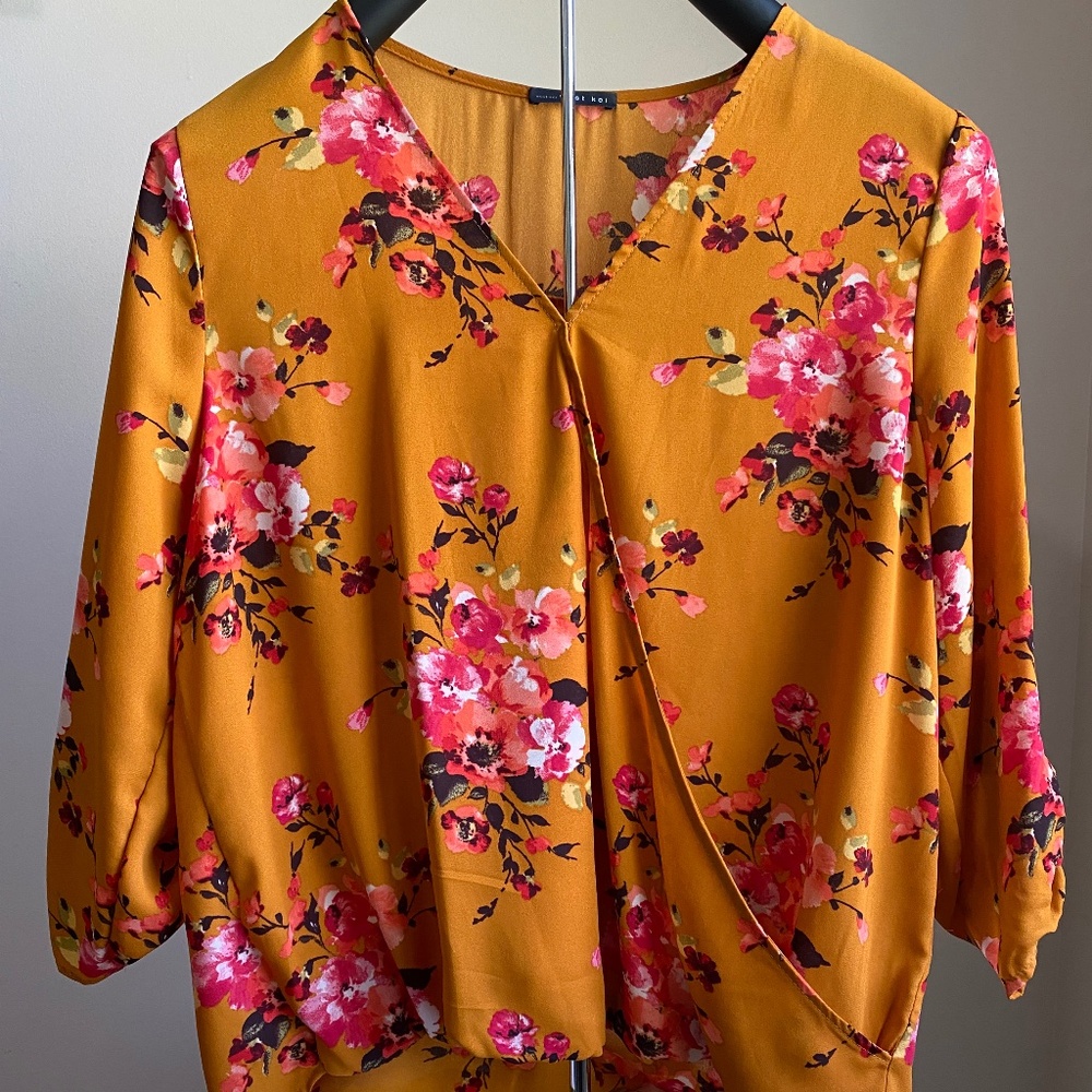 Beacon 3/4 sleeve floral top - Burnt Orange with fuchsia & yellow print